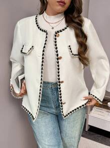 Flirla 大码优雅简约拼色修边夹克，秋季 - 杏色 - 查看 5