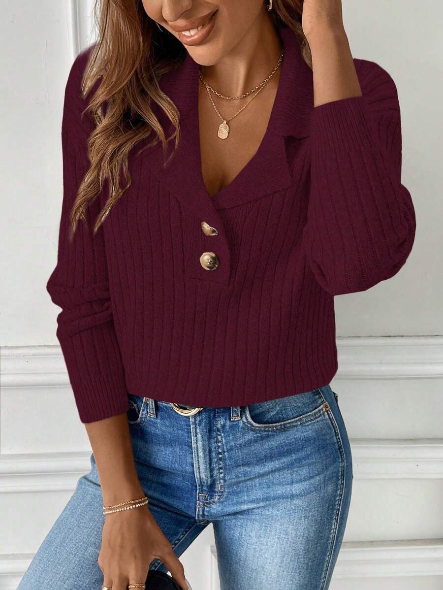 SHEIN LUNE Áo len nữ dài tay, màu trơn, cài cúc phía trước, kiểu dáng tối giản, thích hợp mặc mùa thu đông. - Màu Đỏ Sâu - Xem 1