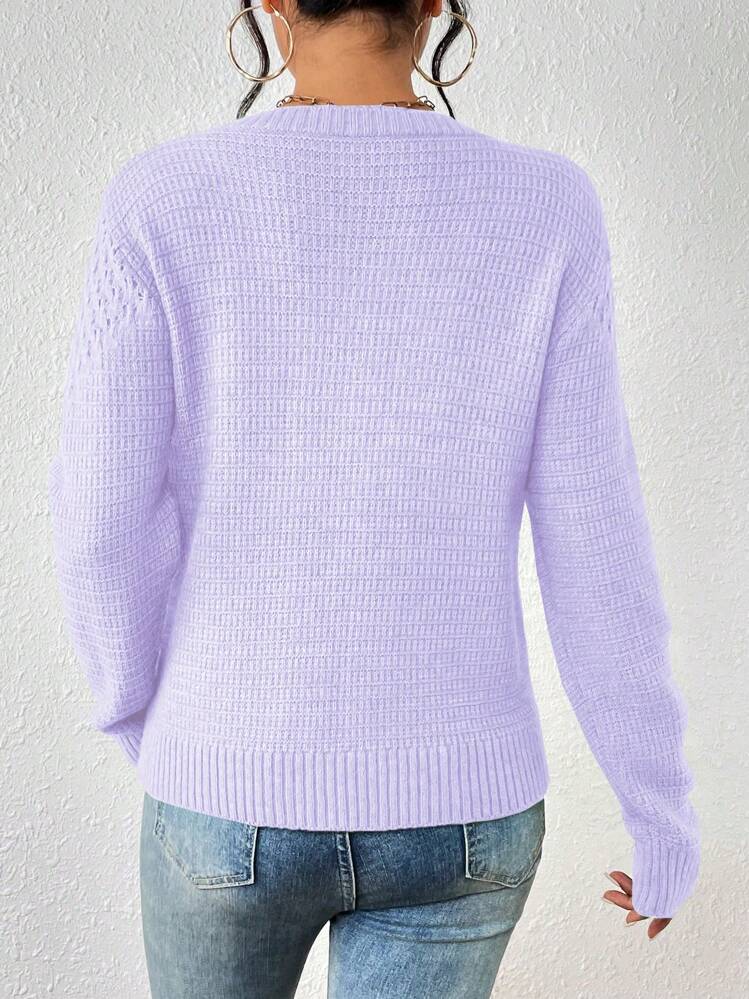 SHEIN LUNE Casual Minimalist Solid Color Hollow Out Knit Sweater, Autumn/Winter Knit Pullover Fall - Mauve Purple - View 2