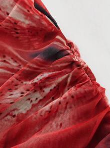 SHEIN MOD Top cu mânecă lungă cu mânecă trompetă 2 în 1 din plasă cu umăr negru, Top pentru femei, Top de vacanță, Haine pentru femei de Anul Nou, Top, Haine de epocă