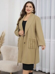 Mulvari Plus Size Mid-Length Color Block Fluffy Pocket Coat