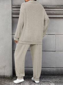 Calvaya 2pcs/Set Plus Size Solid Color Ribbed Long Sleeve Top And Drawstring Long Pants Fall - Apricot - View 2