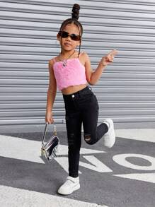 SHEIN 年轻女孩的黑色牛仔破洞弹力裤，酷炫服装/女孩感恩节服装，女孩秋冬服装