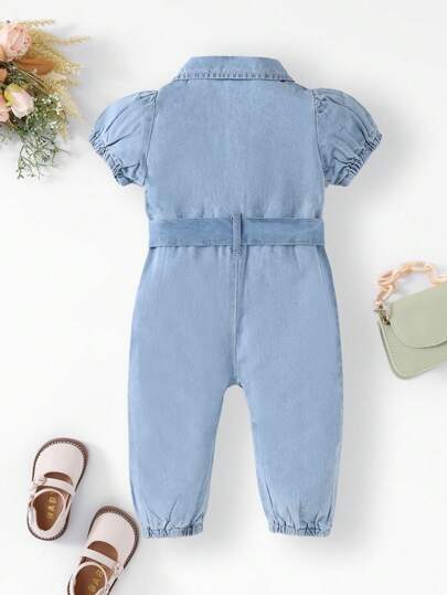 SHEIN Vintaside Kids Baby Girl Puff Sleeve Ripped Belted Denim Jumpsuit