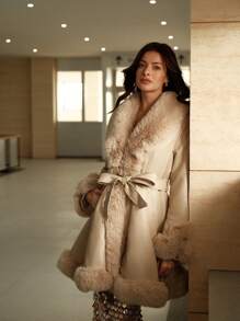 Anewsta Chaqueta con capucha gruesa y esponjosa con recorte esponjoso para mujer - Beis - Ver 7