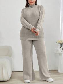 EURMUSE Plus Size Turtleneck Drop Shoulder Sleeve Sweater And Pants Set, For Winter - Mocha Brown - View 1
