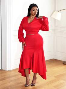 BamGleam Women's Elegant Red Party Two-Piece Set Winter Autumn V-Neck Crop Top + Asymmetrical Hem Ruffled Skirt Outfits Christmas Holiday Fashion Clothing - Red - View 6