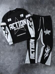 Manfinity EMRG 男士纯色拼布圆领长袖字母印花休闲上衣和裤子套装 - 黑與白 - 查看 1