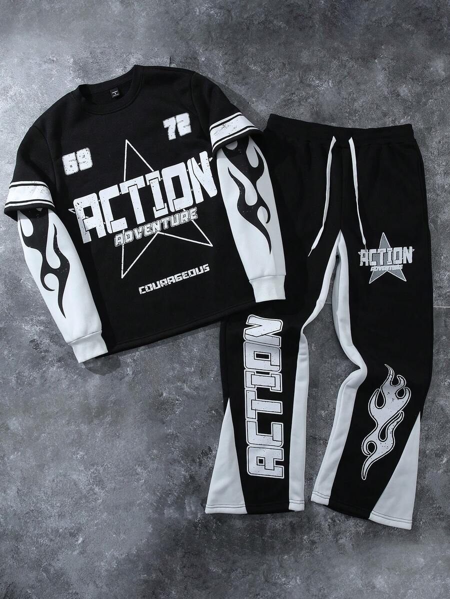 Manfinity EMRG 男士纯色拼布圆领长袖字母印花休闲上衣和裤子套装 - 黑與白 - 查看 1