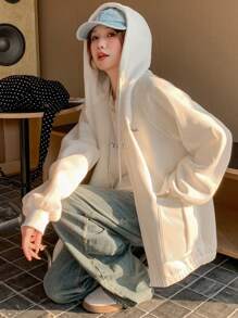 DAZY Women's Hooded Raglan Sleeve Letter Print Jacket - White - View 2