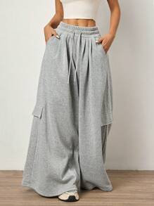 SHEIN Unity Women's Grey Low Waist Baggy Sweatpants. With Drawstring Tie Waist Side Pockets Pleated Design Side Pocket. Super Baggy And Oversized. Everyday Essentials. - Grey - View 1