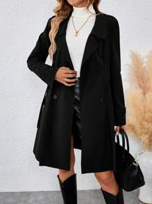 EMERY ROSE 中长款女士立领扣收腰灰色风衣 - 黑色 - 查看 5