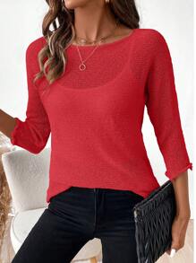 SHEIN LUNE Áo len lưới cổ tròn màu trơn thường ngày - Đỏ - Xem 6