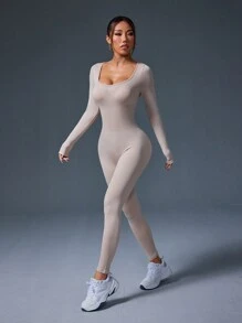 1pc Women's Fashionable Solid Color Elastic Crew Neck Skinny Jumpsuit For Sports