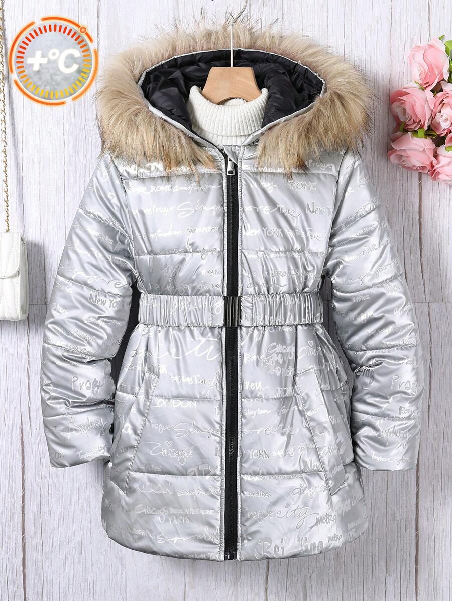 Reflektierende Buchstaben Muster Kontrast Farbe Reißverschluss Rucksackgurt Gezogene Taille Gepolsterter Mantel für Teenager