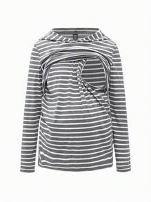 SHEIN Maternity 2pcs Women Fitted Striped Hooded Long Sleeve Tops, Nursing