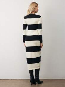 BizChic Vestido de suéter tejido a rayas blancas y negras casual y elegante para mujer, de manga larga, para usar en la oficina o de vacaciones, apto para primavera/verano - Blanco y Negro - Ver 7