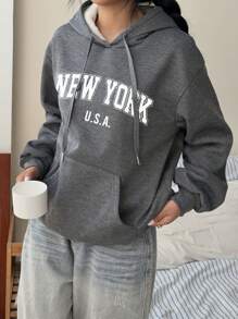 SHEIN EZwear 女士宽松休闲灰色连帽衫，带口袋，保暖厚实，适合秋冬季，长袖上衣 - 灰色 - 查看 4