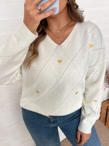 SHEIN Clasi Suéter de mujer de talla grande elegante para uso diario y viajes, versátil, de cuello en V, de hombros caídos, manga larga, con bordado de corazón dorado, para fiesta, reunión, suave, blanco, otoño e invierno, casual de negocios, ropa de trabajo, vestido para invitado de boda en otoño