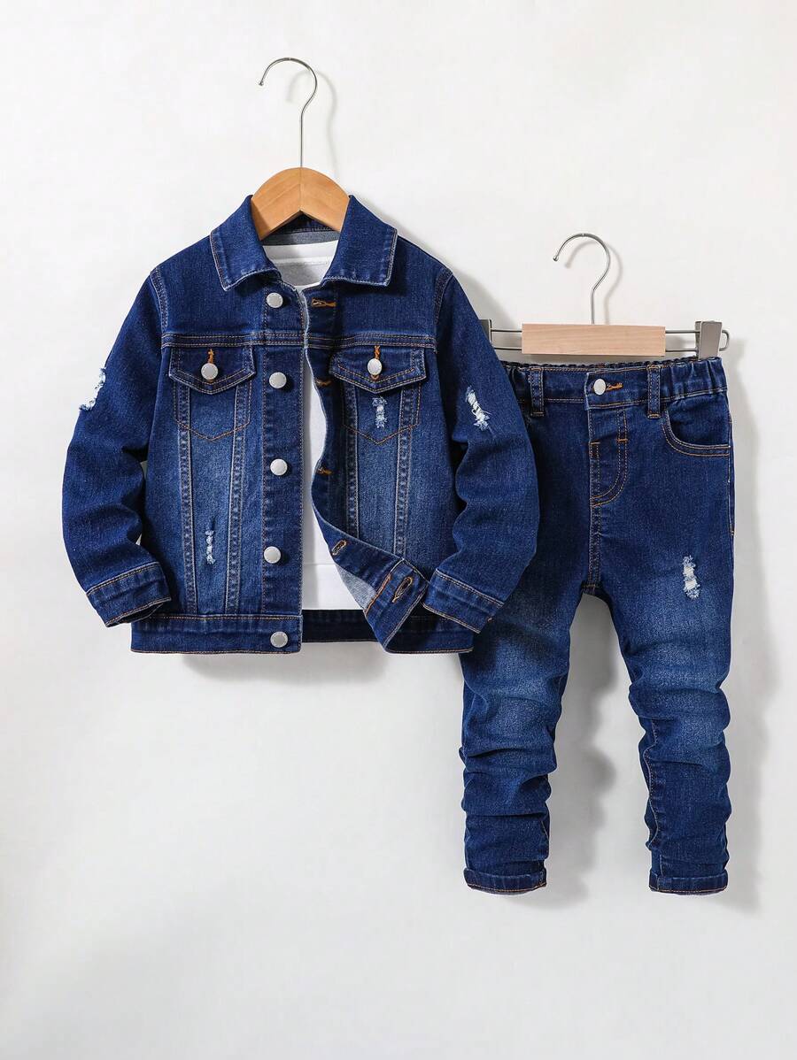 SHEIN Ropa casual de moda para niño: 2 piezas chaqueta de mezclilla negra con diseño desgastado y roto de manga larga y pantalón de mezclilla negro elástico roto para uso diario y vuelta al colegio - Azul lavado oscuro - Ver 1