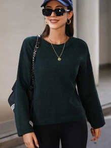 Hanevo Women Solid Color Round Neck Casual All-Match Long Sleeve Pullover Sweater Sportswear For Daily Wear Knit Pullover Fall Winter - Dark Green - View 4