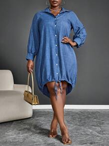 Maweii 1 chiếc váy maxi dài tay dài giản dị màu trơn cỡ lớn cài nút phía trước ngắn phía sau trang phục dành cho nữ - Màu xanh lam - Xem 7