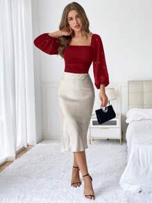 SHEIN Privé 女式优雅串珠装饰灯笼袖褶皱腰 T 恤，秋季 - 酒紅色 - 查看 5
