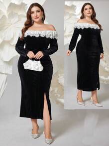 Modelyn 大码女式撞色蕾丝露肩长袖荷叶边下摆开衩优雅连衣裙，优雅修身连衣裙，适合晚会/婚礼嘉宾/周年纪念长款女装 - 黑色 - 查看 1