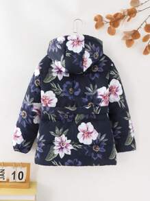 Tween Girls Loose Casual Floral Print Drawstring Hooded Thick Warm Jacket, Autumn/Winter - Blue - View 2