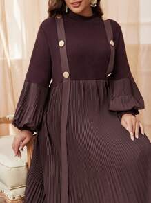 Al Najma 阿拉伯金属纽扣棕色灯笼袖立领褶皱弹力针织中长款适中长袖连衣裙，适合大码女士，通勤