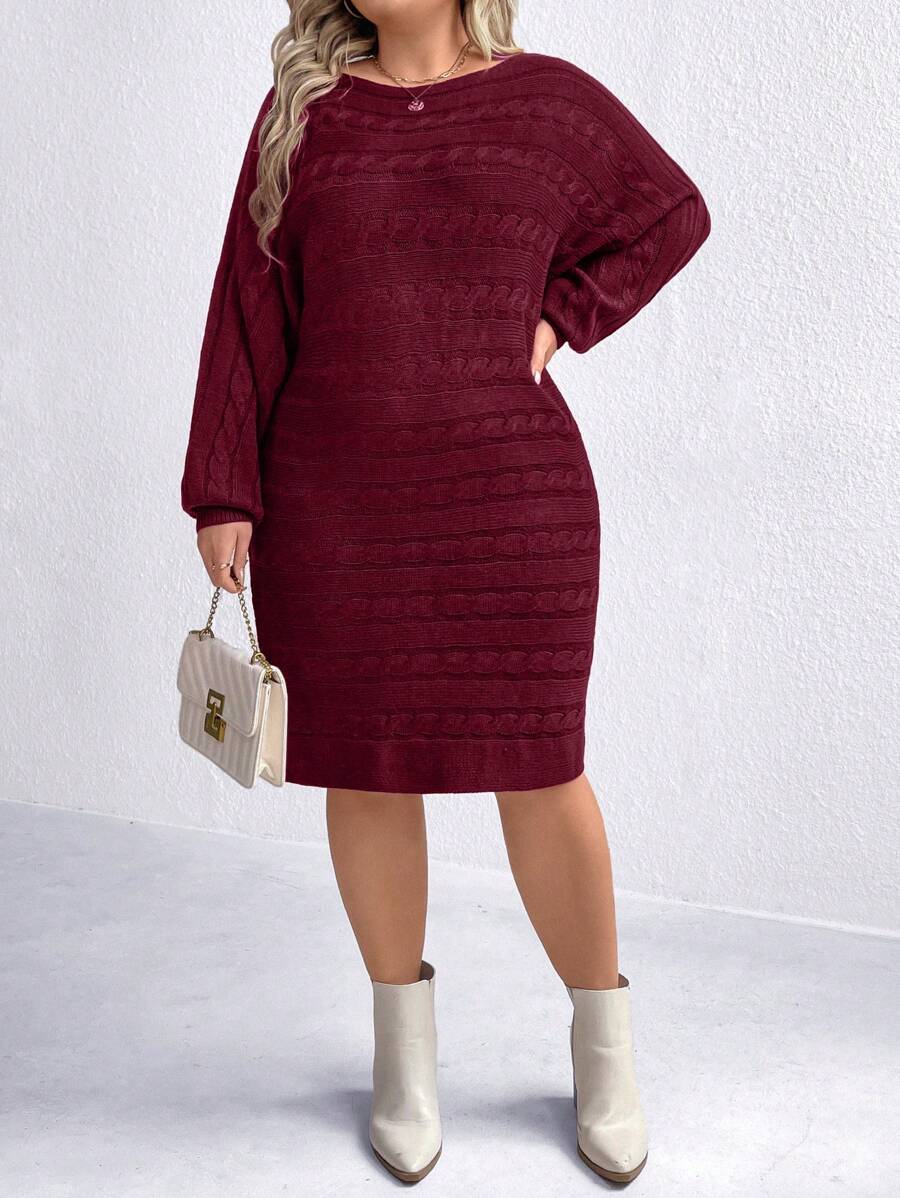 SHEIN LUNE Plus Size Twist Floral Patterned Wine Red Batwing Sleeve Sweater Dress, Casual Autumn/Winter - Burgundy - View 1