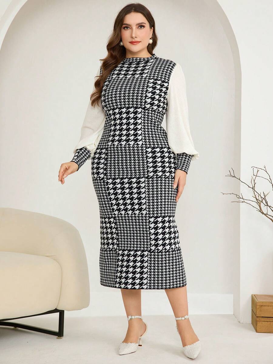 Modelyn 大码优雅千鸟格拼布长袖修身毛衣连衣裙，适合秋季 - 黑與白 - 查看 1