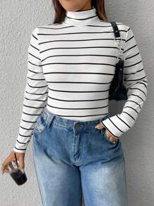 CovetEZ 秋冬季大码高领条纹针织打底毛衣 - 黑色 - 查看 4