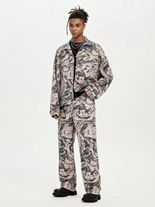 Manfinity VCAY Men's Loose Digital Print Knitted Cardigan Set, For Fall Winter - Mocha Brown - View 1