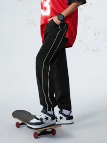 SHEIN Sports 女士撞色条纹前系带休闲运动裤 - 黑色 - 查看 6