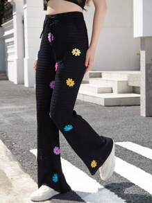 INAWLY Women's Front Tie Floral Embroidered Casual Pants - Black - View 2