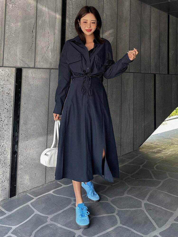 2pcs/Set Women Solid Color Utility Shirt And Skirt Set,Fall Clothes