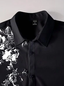 Manfinity Homme Men's Floral Pattern Long Sleeve Black Dress Shirt, Gentlemen Style For Spring/Autumn, Fall - Black - View 3