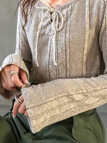 FRIFUL Women Casual Solid Color Ribbed Twist Collar Loose Long Sleeve T-Shirt, For Spring & Autumn Summer