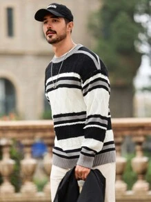 Manfinity CityGents Jersey de punto holgado con cuello redondo y bloques de color para hombre, para otoño/invierno