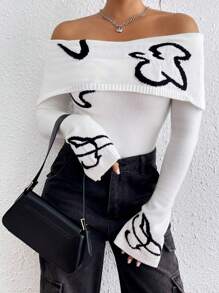 Chiquease Women's Casual Color Block Pattern Off Shoulder Fitted Short Sweater, Autumn Knit Pullover Fall Winter Outfit