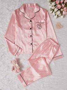 2pcs/Set Teen Girl Pajamas, Pink With Simple Stripe Pattern And Heart Print In Soft Fabric, Long Pants And Long Sleeve Top