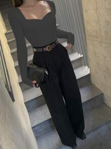 DAZY 1 件女式纯色甜心领长袖简约 T 恤，休闲日常穿着 - 深灰色 - 查看 5