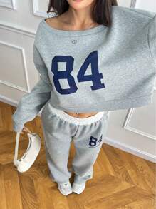 2 件套青少年女孩数字印花不对称领长袖运动衫和裤子，秋季休闲装 - 灰色 - 查看 5