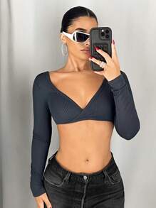 SHEIN ICON Super Crop Top With Deep V Neckline & Breast Detail Fitted Long Sleeve Ladies Blouse