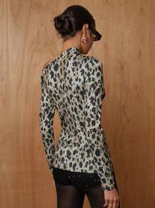 COSMINA 1 件女士豹纹斜肩长袖休闲 T 恤 - 彩色 - 查看 2