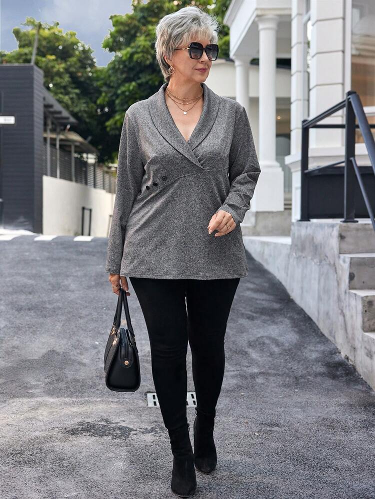 Plus Size Going Out Tops Women Solid Color Shawl Collar Long Sleeve Sparkly T-Shirt, Winter Clothes For Women