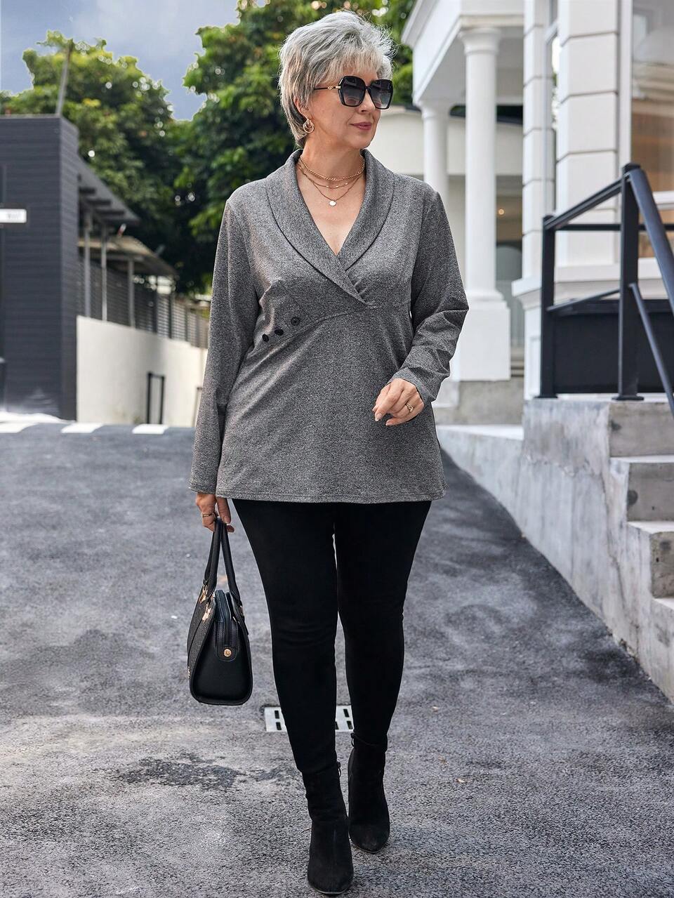 Plus Size Going Out Tops Women Solid Color Shawl Collar Long Sleeve Sparkly T-Shirt, Winter Clothes For Women