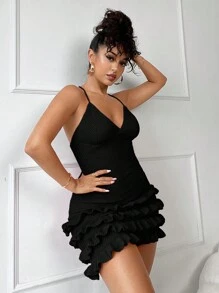 SHEIN SXY 彩色格子钩针细肩带针织连衣裙，夏季度假沙滩罩衫 - 黑色 - 查看 4