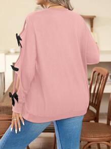 SHEIN Clasi 大码圆领时尚蝴蝶结装饰镂空长袖休闲套头卫衣 - 粉色 - 查看 2